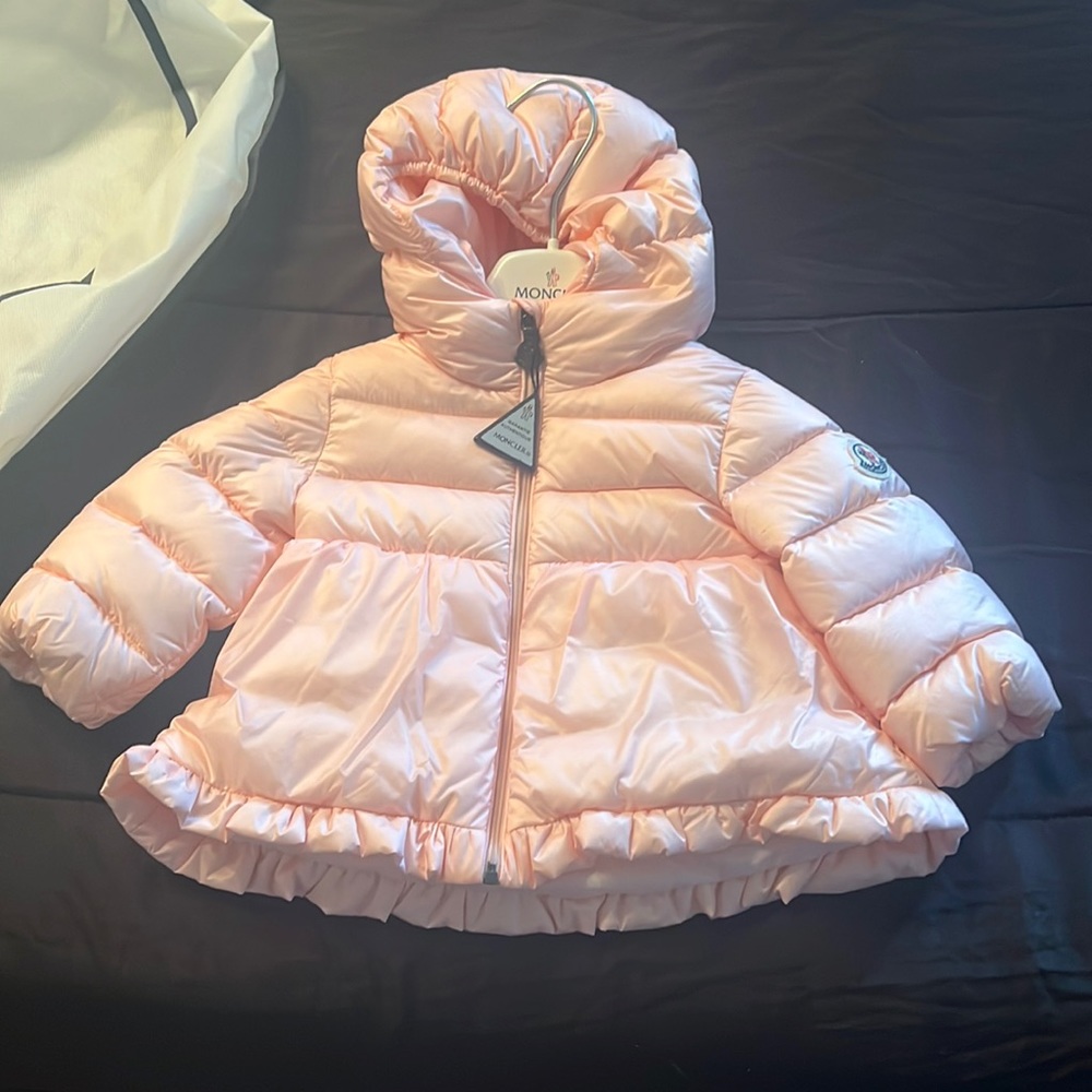 Little girls pink moncler puffer coat with bag